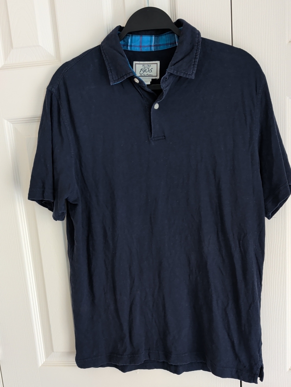 Jos. A. Bank Navy Short-Sleeve Polo with Contrast Plaid Trim